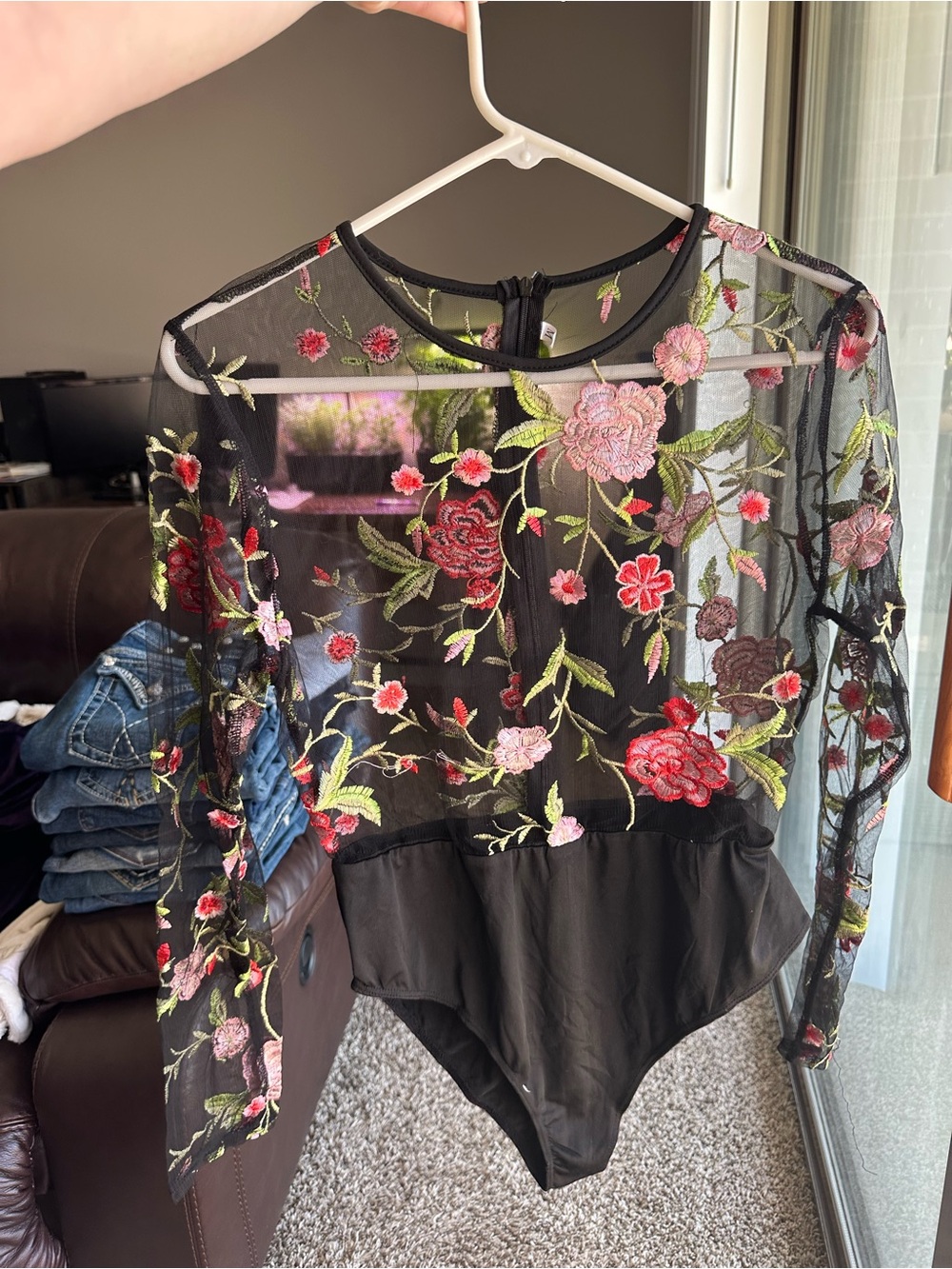SHEIN Black Sheer Floral Embroidered Long Sleeve Bodysuit